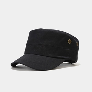 Detail view of cotton flat top military cap featuring vintage copper vent holes