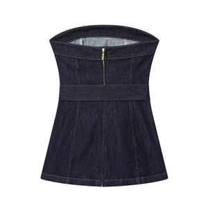 Haut bustier en denim bleu foncé sans bretelles avec fermeture éclair et surpiqûres