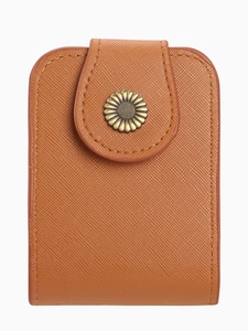Brown Saffiano leather mini makeup bag with mirror and bronze sunflower metal clasp