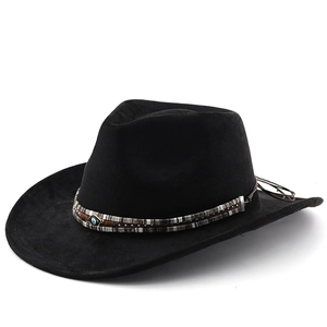 Bohemian black wool felt jazz fedora hat with ethnic band and evil eye charm detail