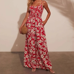 Women Summer Floral Print Jumpsuit Spaghetti Strap Smocked Bodice High Waist Wide Leg Vacation Beachwear Elegant Polyester