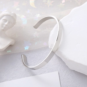 Minimalist silver-tone polished stainless steel C-shaped open cuff bracelet for women