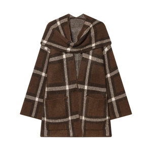 Women Plaid Knitted Cardigan Jacket Vintage French Style Shawl Collar Open Front Coat With Pockets Long Sleeve Casual