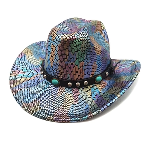 Cappello Da Cowboy Occidentale Motivo Serpente Arcobaleno Cangiante Fascia Ecopelle Turchese Rivetto Tesa Larga Festa