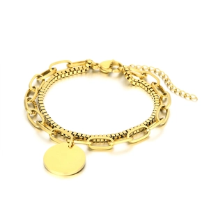 Double-layered golden stainless steel bracelet with a round pendant and box chain