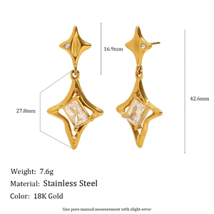 18K gold plated stainless steel star drop earrings with rectangle clear gemstone