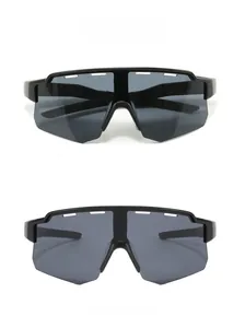 Detail showing oversized outdoor sports sunglasses with ventilated frames and dark lenses