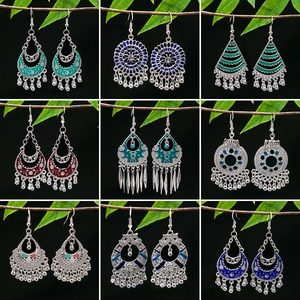 Vintage Boho Ethnic Dangle Earrings Alloy Enamel Hollow Geometric Tassel Bell Jewelry Women Stainless Steel Earring Post