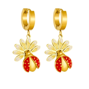 Boucles d'oreilles créoles coccinelle et fleur en émail doré aux couleurs vives