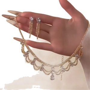 Luxury gold drop necklace and earring jewelry set with sparkling crystal rhinestones
