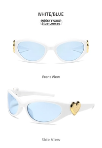 Macro view of white acetate frame sunglasses with blue lenses and gold heart hinge detail