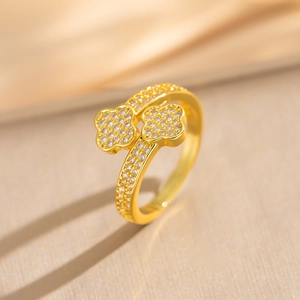 Luxurious gold-plated double clover open ring with sparkling pavé cubic zirconia