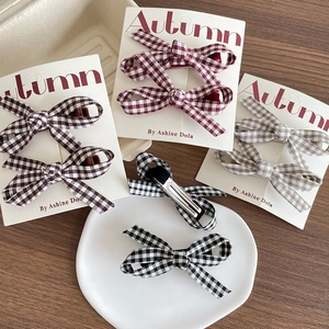 Handmade plaid bow hair clips for girls in red brown and black set of two