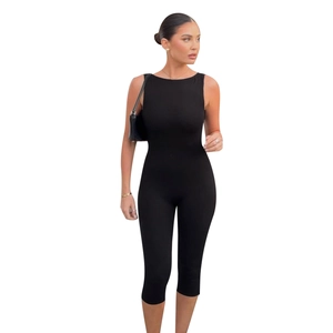 Women's black sleeveless slim fit open back capri jumpsuit for sports and leisure
