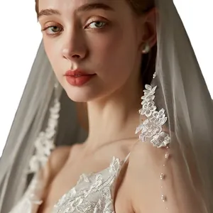 90cm bridal veil with delicate white lace embroidery and scattered pearls decoration