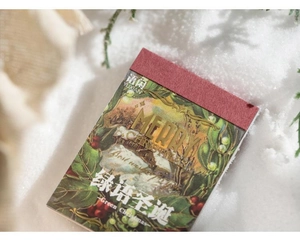 Close-up of vintage Christmas paper sticker book with gold foil on snowy background