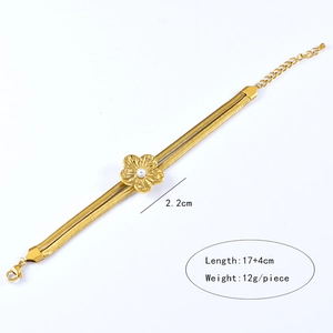 Detailed specs of double snake chain bracelet with pearl gold flower and lobster clasp