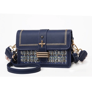 Navy blue crossbody bag with tweed texture, gold buckle and embroidery shoulder strap