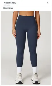 Detailansicht der blau-grauen High-Waist-Yoga-Leggings mit nahtlosem Sportstoff