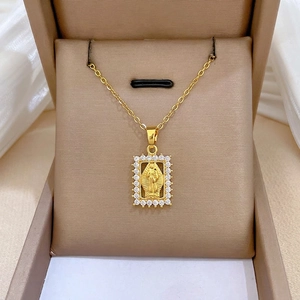 Religious Virgin Mary Portrait Pendant Necklace Stainless Steel Chain Copper Zircon Inlaid Elegant Jewelry For Women