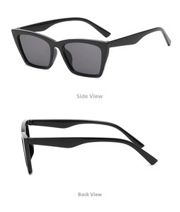Detailed side and back views of classic black cat-eye sunglasses with dark grey lenses
