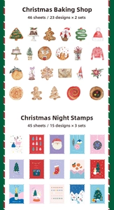 Detail of Christmas bakery and post-themed sticker sets with festive hand-drawn illustrations