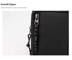 Detail of waterproof nylon sling bag showing smooth zipper with woven puller and fabric texture