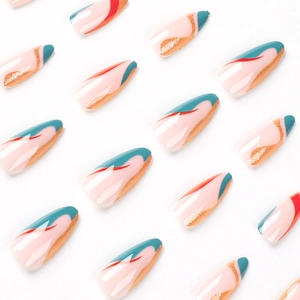 Almond shaped press-on nails with nude base, deep teal waves and gold glitter details