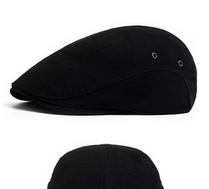 Detail view of cotton flat cap featuring metal side eyelets and stitched black fabric