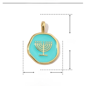 Detailed view of blue enamel Jewish menorah pendant with gold-plated copper frame