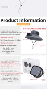Detail of outdoor sun hat featuring solar fan specifications and windproof rope size
