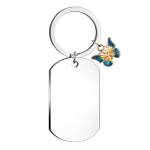 Detail of silver stainless steel dog tag keychain with blue and yellow enamel butterfly