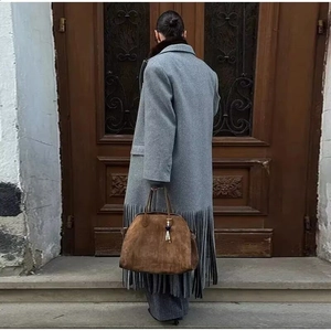 Women's autumn grey wool coat featuring fashion fringe tassels and longline silhouette