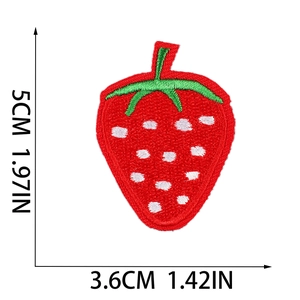Size chart showing dimensions for a red strawberry embroidered patch with green leaf