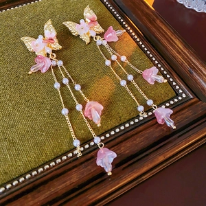Silver needle butterfly flower crystal tassel earrings with elegant pink resin petals