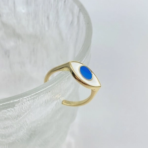 Fashionable gold open ring featuring blue and white enamel evil eye design on glass edge