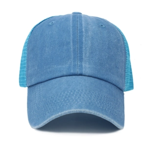 Close-up of light blue washed canvas baseball cap with breathable mesh and curved brim