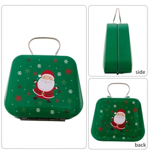 Three-angle view of a mini Christmas tin suitcase with Santa Claus and snowflake prints