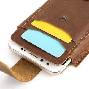 Brown crazy horse leather belt pouch with yellow stitching and vintage metal snap button