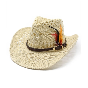 Ethnic hollowed paper straw cowboy hat in cream with braided leather band and feathers