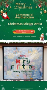 Détail de stickers vitrine Merry Christmas avec flocons et motifs festifs rouges et or