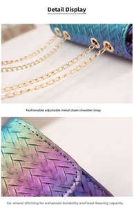 Macro detail of gradient woven texture bag with adjustable gold chain strap