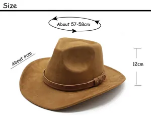 Detailed size chart for suede cowboy hat showing 57-58cm circumference and 8cm brim