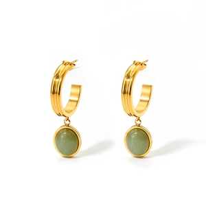 Green Aventurine Hoop Dangle Earrings Vintage Stainless Steel C Shape Geometric Jewelry For Women Retro Minimalist
