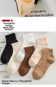 Flat lay of knit cotton socks with diamond pattern and ruffled cuffs in five colors