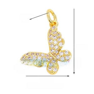 Macro detail of butterfly pendant with white zircon pavé and size measurements