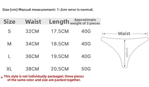 Detailed size chart for ice silk thongs showing waist measurements and length in centimeters