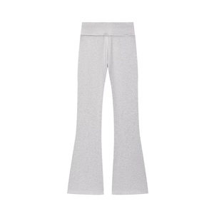 Detailed view of light grey flare sports pants with comfortable elastic high waistband