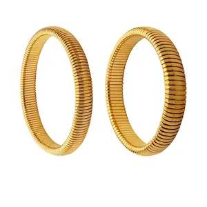 Tubogas Ribbed Bangle Bracelet Titanium Steel Gold Plated Elastic Stretch Retro Antique Modern Jewelry For Women