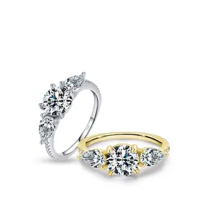 Elegant S925 sterling silver three-stone ring with round and pear-cut zirconia stones